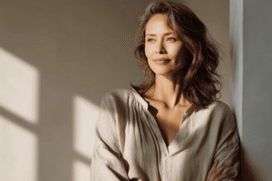 Woman in midlife standing calmly in natural light representing the menopause transition and natural hormone balance support