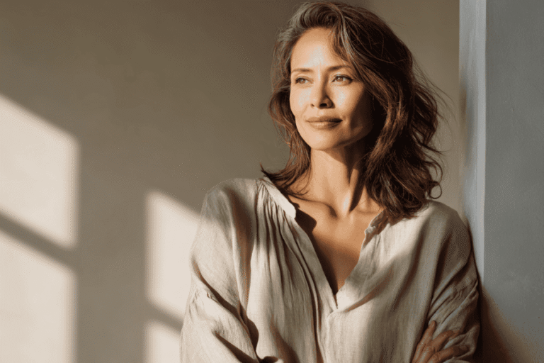 Woman in midlife standing calmly in natural light representing the menopause transition and natural hormone balance support