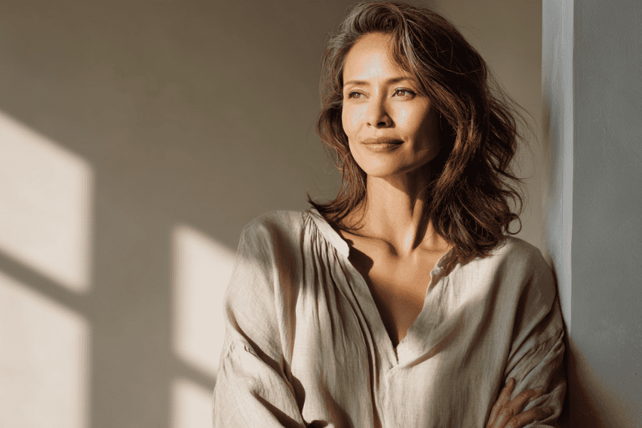 Woman in midlife standing calmly in natural light representing the menopause transition and natural hormone balance support