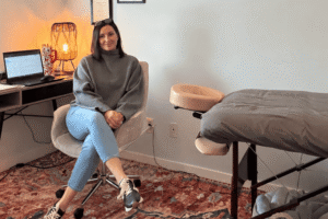 Sooner Zahn in her new clinic sitting relaxed and smiling